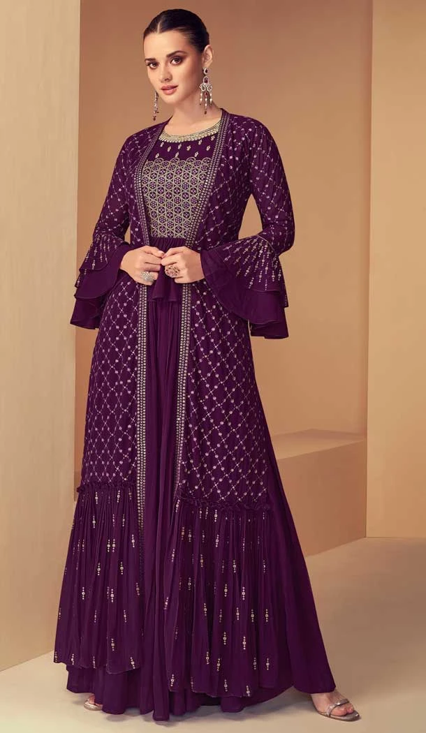 Purple Color Fox Georgette Resham Work Festival Wear Palazzo Salwar Suit -5568163039