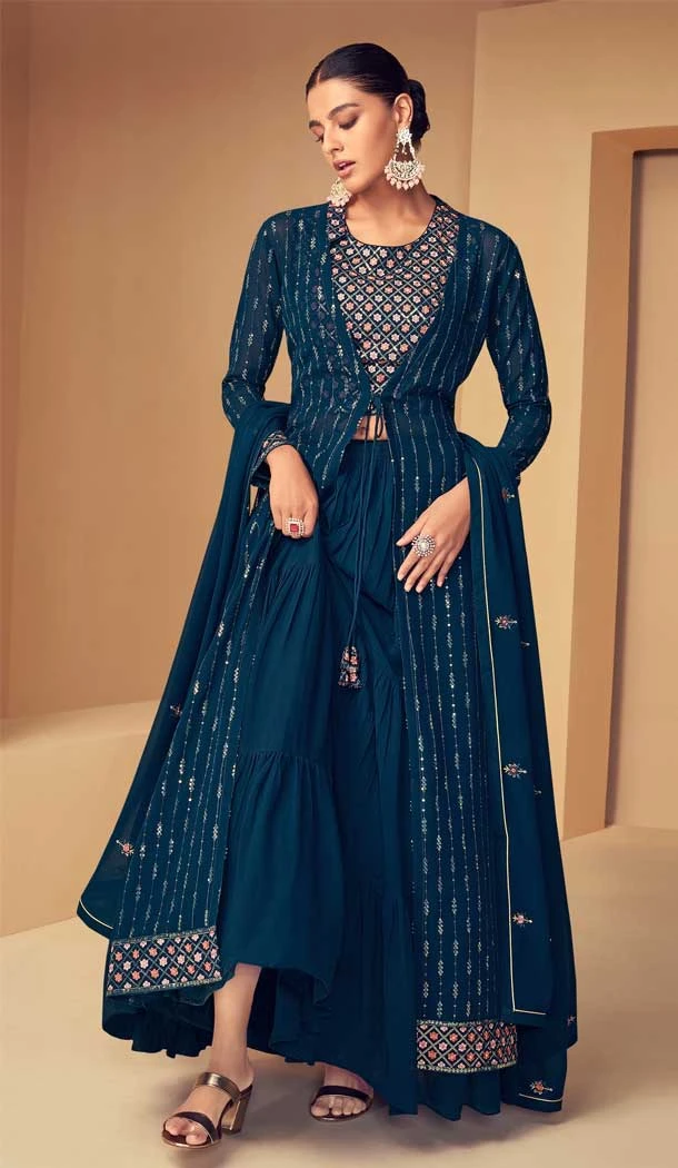 Teal Blue Color Fox Georgette Resham Work Festival Wear Palazzo Salwar Suit -5568163040