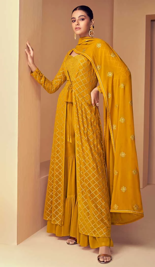 Yellow Color Fox Georgette Resham Work Festival Wear Palazzo Salwar Suit -5568163041
