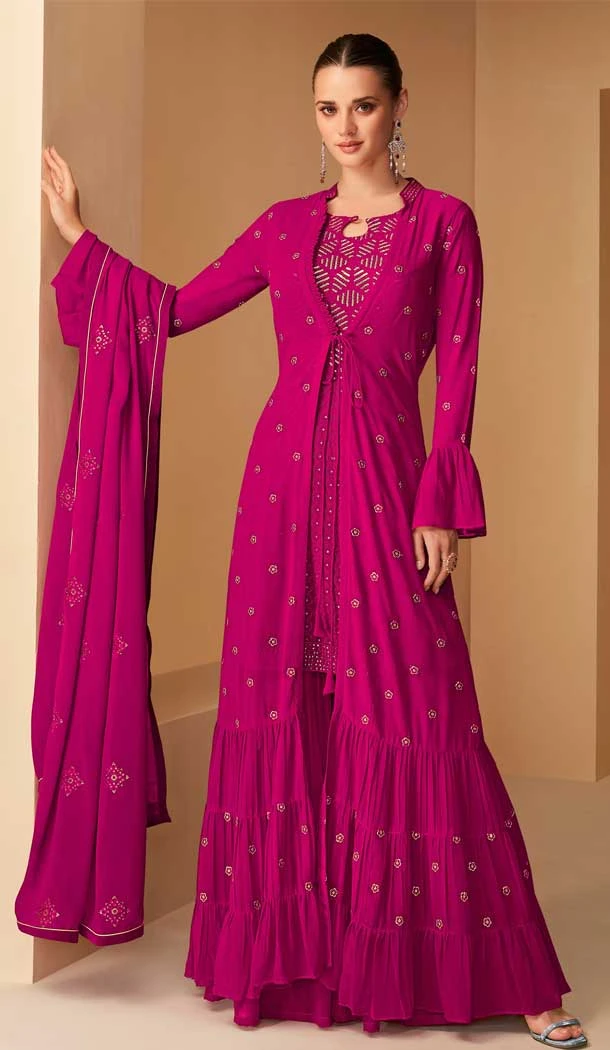 Pink Color Fox Georgette Resham Work Festival Wear Palazzo Salwar Suit -5568163042