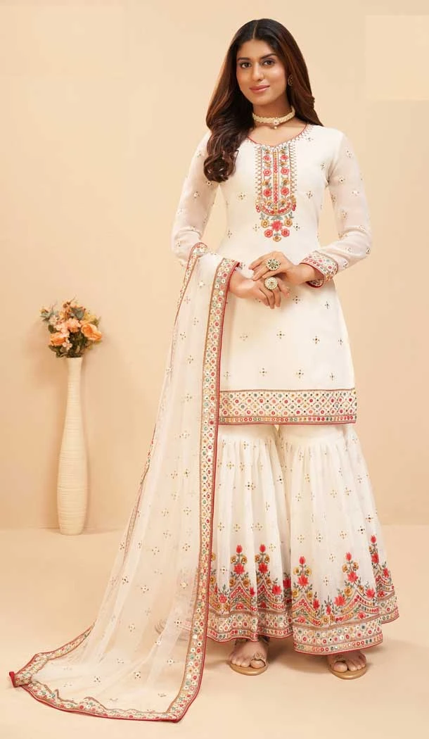 Cream Color Fox Georgette Embroidery Work Party Wear Sharara Salwar Suit -5569163043
