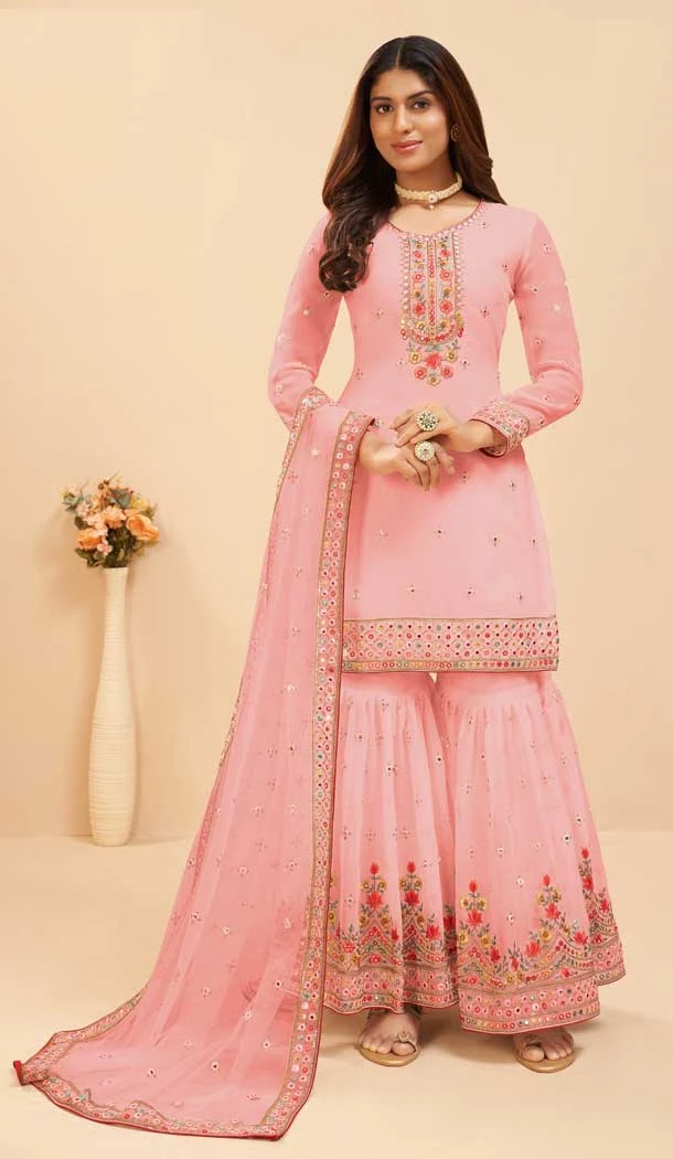 Pink Color Fox Georgette Embroidery Work Party Wear Sharara Salwar Suit -5569163046