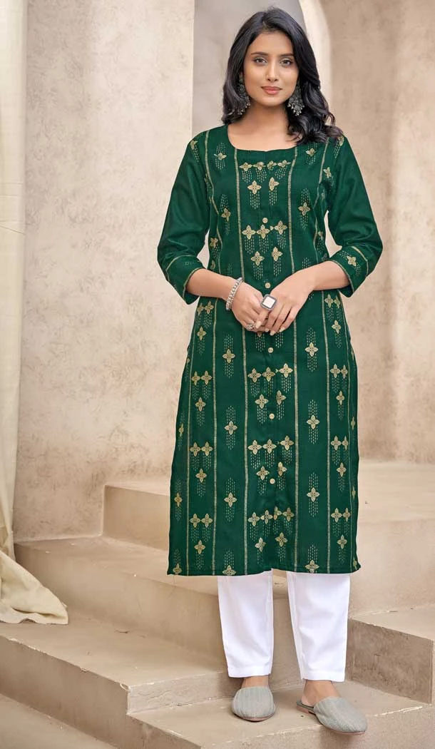 Green Color Pure Cotton Foil Print Festival Wear Readymade Kurti With Bottom -5583163187