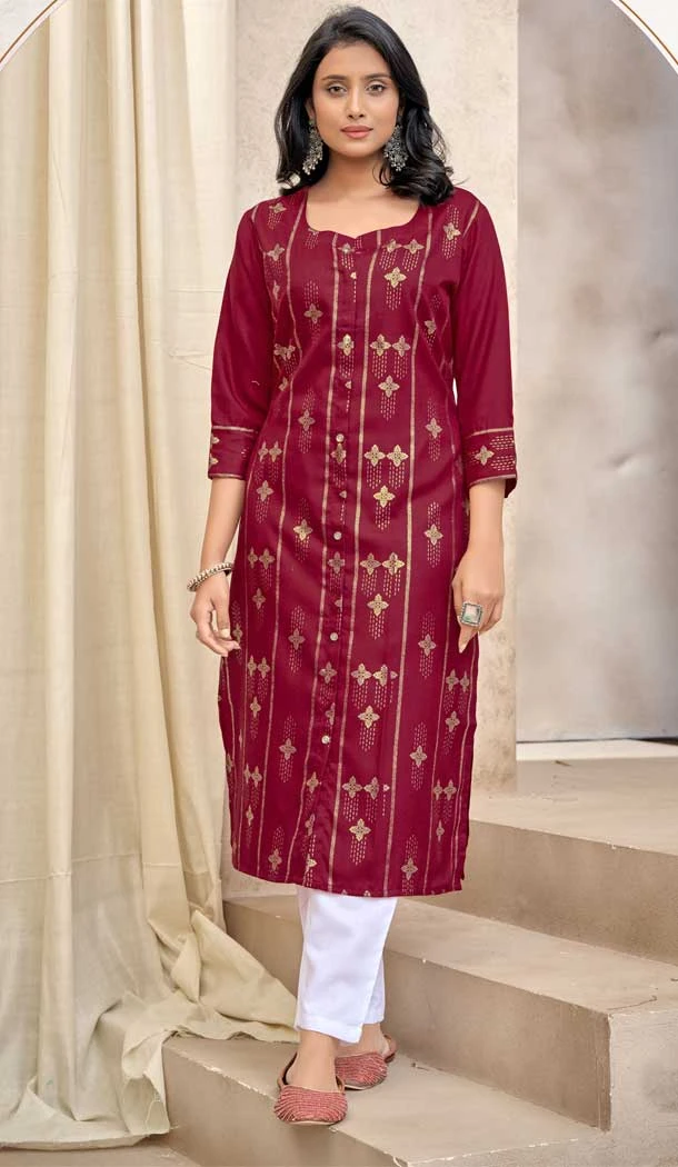 Maroon Color Pure Cotton Foil Print Festival Wear Readymade Kurti With Bottom -5583163188