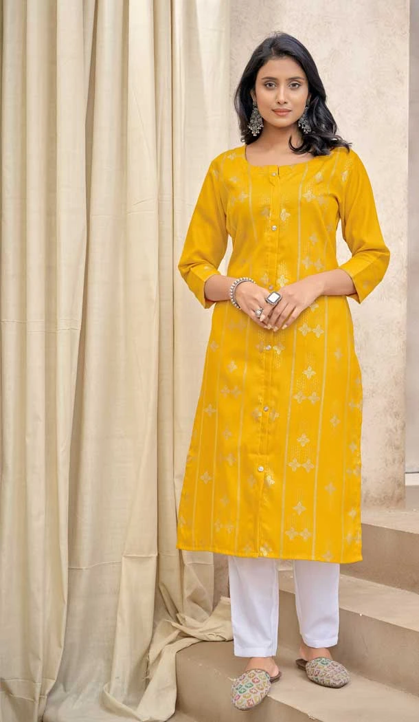 Mustard Color Pure Cotton Foil Print Festival Wear Readymade Kurti With Bottom -5583163191
