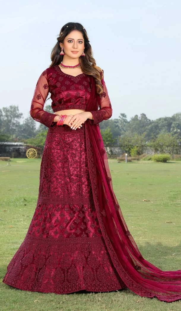 Maroon Color Butterfly Net Stone And Dori Work Designer Wear Lehenga Choli -5586163204