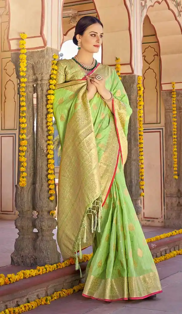 Pista Color Soft Ghicha Silk Jacquard Work Party Wear Designer Saree -5587163208
