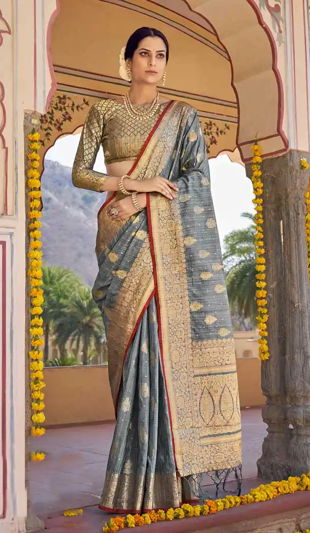 Grey Color Soft Ghicha Silk Jacquard Work Party Wear Designer Saree -5587163209