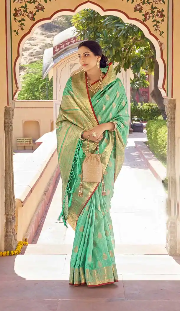 Mint Color Soft Ghicha Silk Jacquard Work Party Wear Designer Saree -5587163211