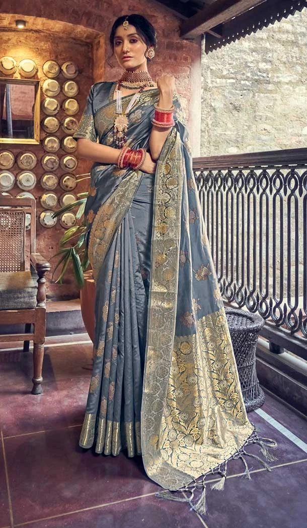 Grey Color Soft Banarasi Silk Jacquard Work Traditional Wear Saree -5590163228