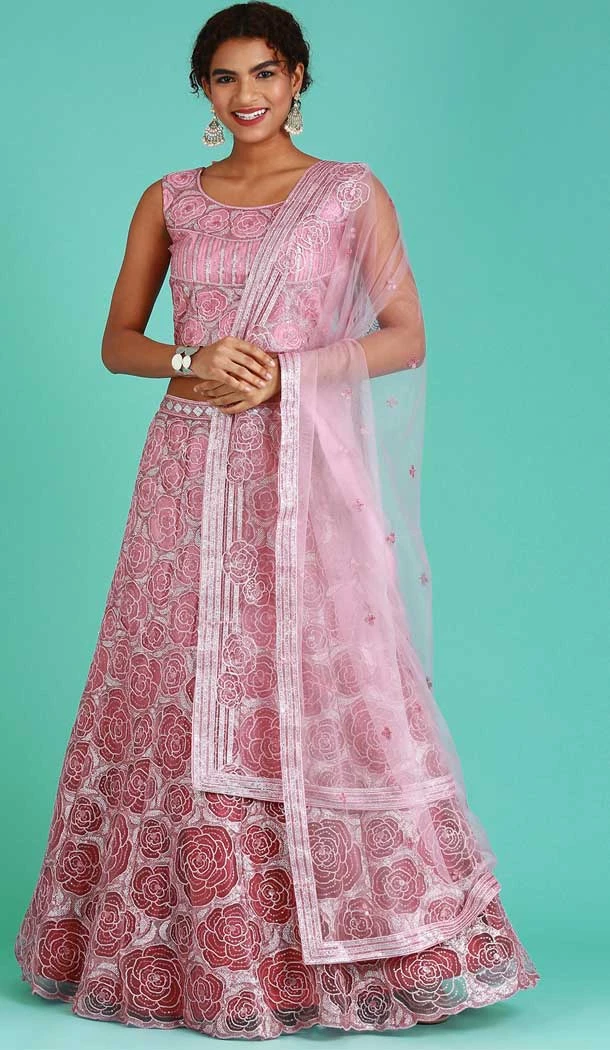 Resham And Sequins Work Pink Color Net Wedding Wear Designer Lehenga Choli -5594163251