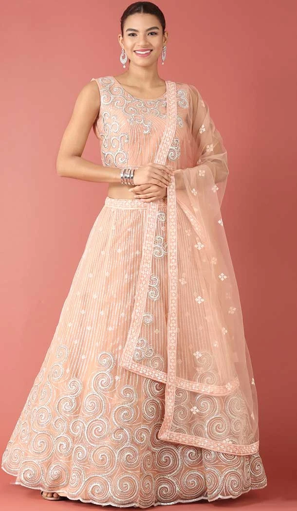 Peach Color Net Sequins And Zari Work Wedding Wear Lehenga Choli -5595163252