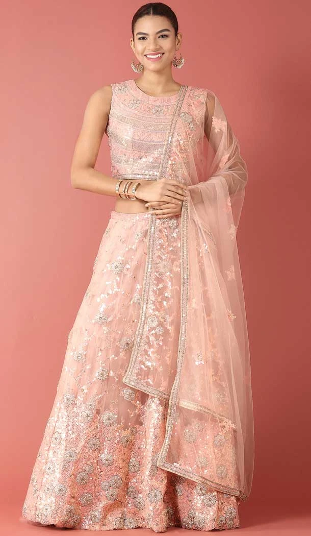 Net Sequins And Zari Work Peach Color Wedding Wear Lehenga Choli -5595163253