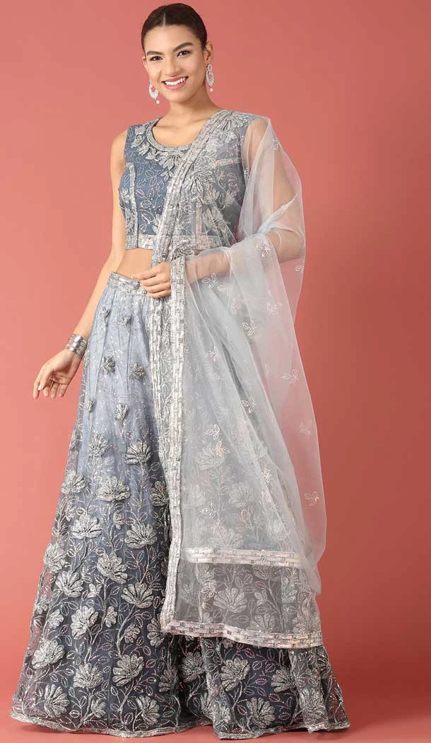 Bluish Grey Color Net Embroidery And Zari Work Wedding Wear Lehenga Choli -5595163254