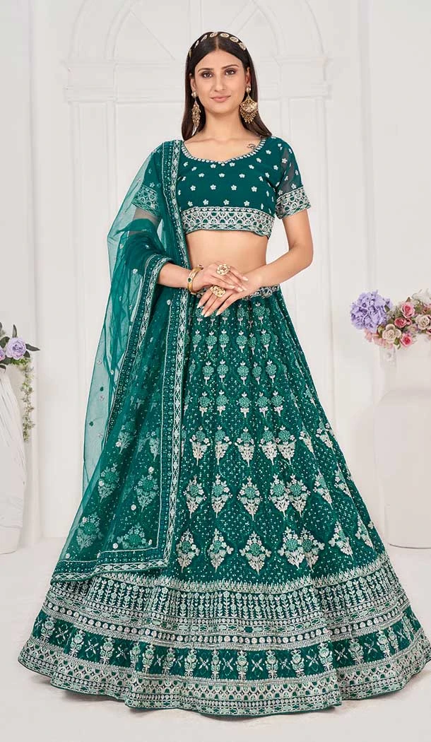 Teal Green Color Georgette Embroidery And Thread Work Wedding Wear Lehenga Choli -5599163287