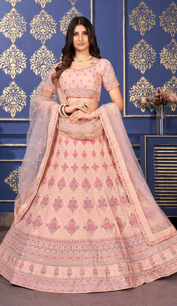 Peach Color Georgette Embroidery And Sequins Work Wedding Wear Lehenga Choli -5599163288