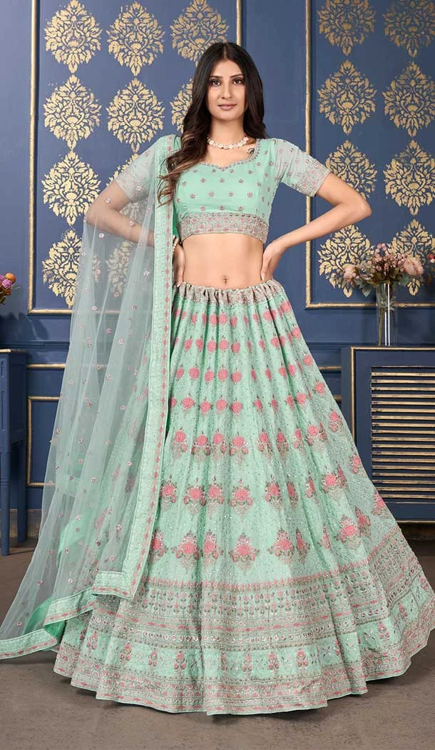 Light Mint Color Georgette Embroidery And Sequins Work Wedding Wear Lehenga Choli -5599163289