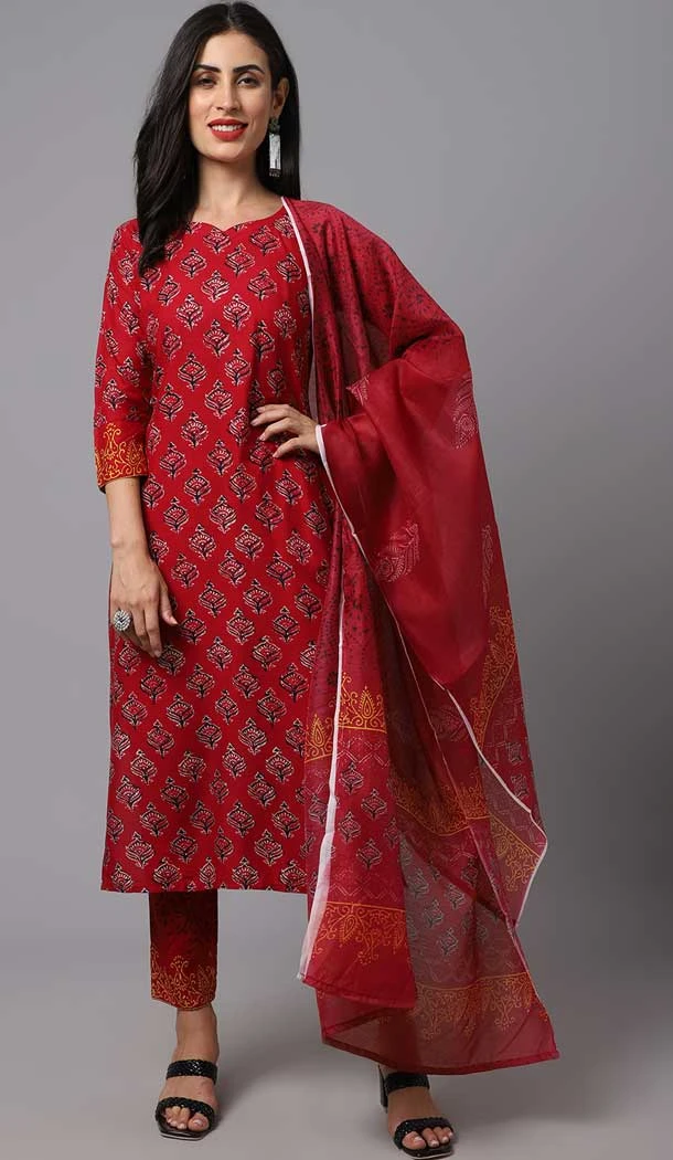 Red Color Poly Cotton Printed Work Casual Wear Designer Salwar Suit -5611163334