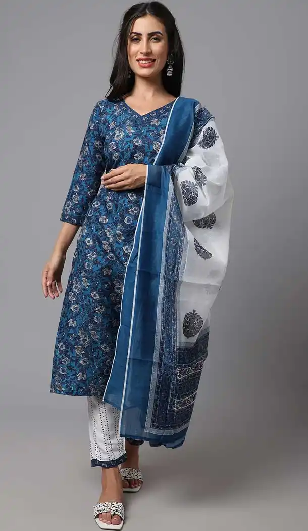 Blue Color Poly Cotton Printed Work Casual Wear Designer Salwar Suit -5611163336