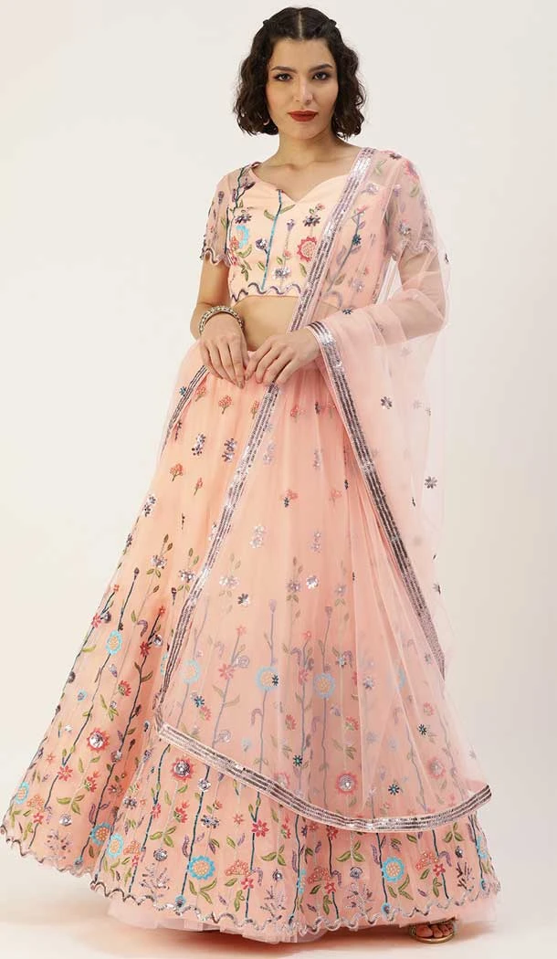 Peach Color Net Resham And Zari Work Designer Wear Lehenga Choli -5612163337