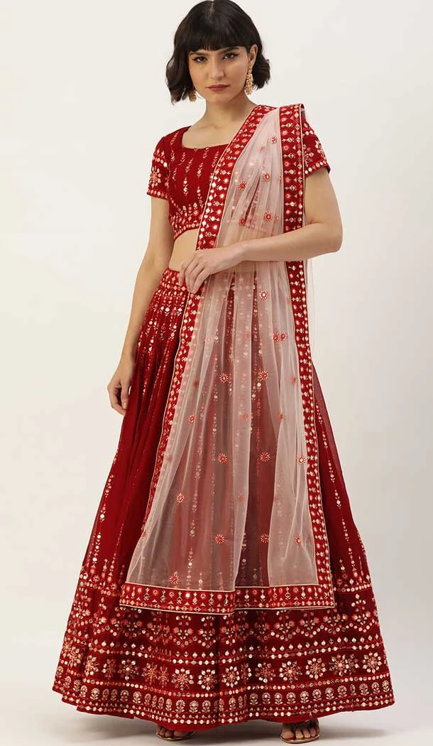 Maroon Color Georgette Silk Sequins And Zari Work Designer Wear Lehenga Choli -5612163338