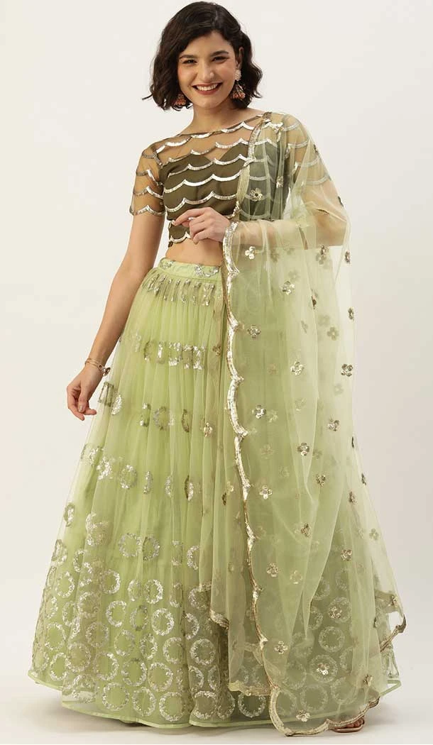 Pista Color Net Resham And Sequins Work Designer Wear Lehenga Choli -5612163340