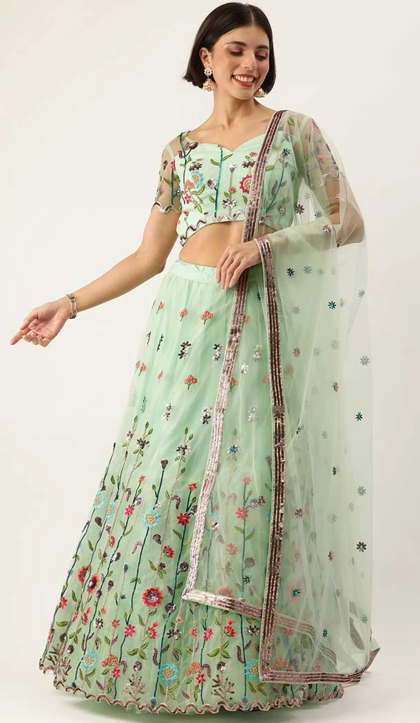 Wedding Wear Net Sequins Work Lehenga Choli In Light Green Color -5613163343