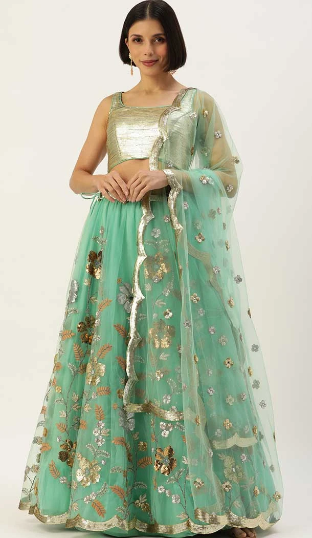 Wedding Wear Net Sequins Work Lehenga Choli In Sea Green Color -5613163344