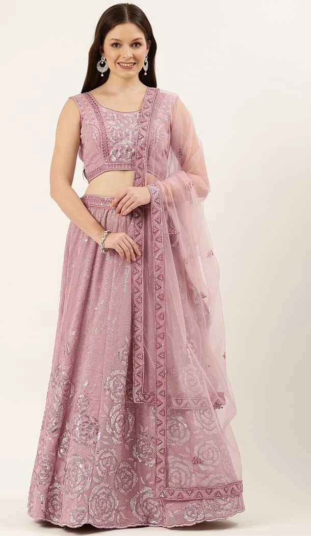 Wedding Wear Net Sequins Work Lehenga Choli In Dusty Pink Color -5613163345