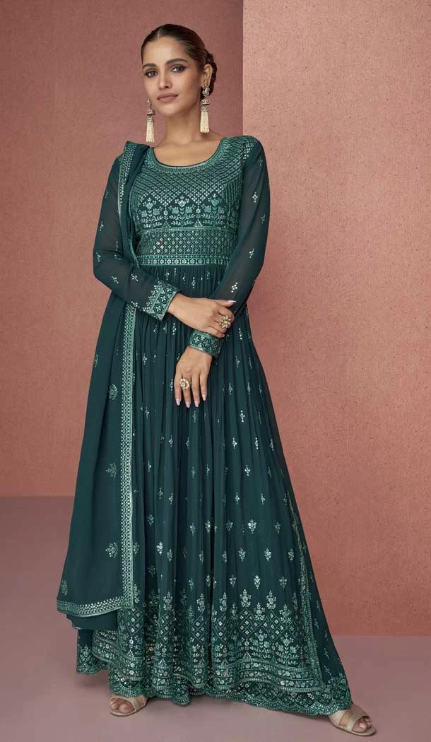 Teal Green Color Fox Georgette Sequins Work Pakistani Style Palazzo Salwar Suit -5618163394