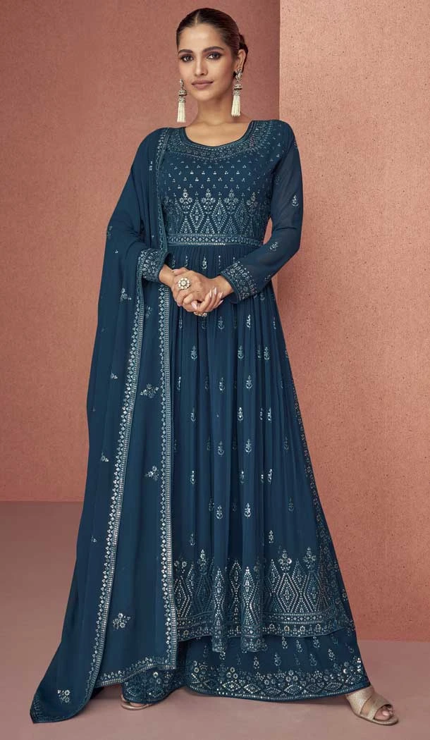 Teal Blue Color Fox Georgette Sequins Work Pakistani Style Palazzo Salwar Suit -5618163396