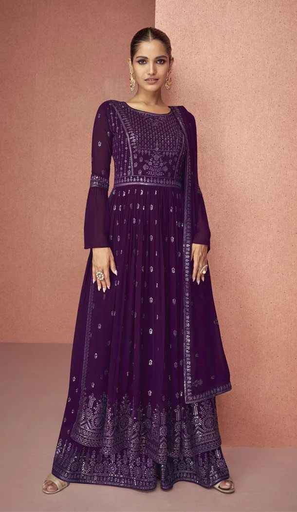 Purple Color Fox Georgette Sequins Work Pakistani Style Palazzo Salwar Suit -5618163397