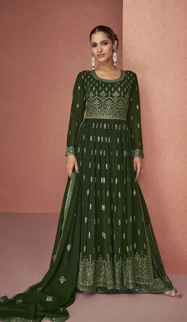 Olive Green Color Fox Georgette Sequins Work Pakistani Style Palazzo Salwar Suit -5618163398