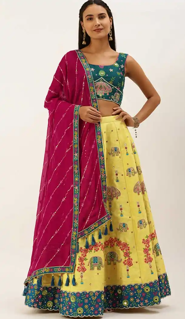 Yellow Color Pure Silk Sequins Work Function Wear Plus Size Lehenga Choli -5619163401