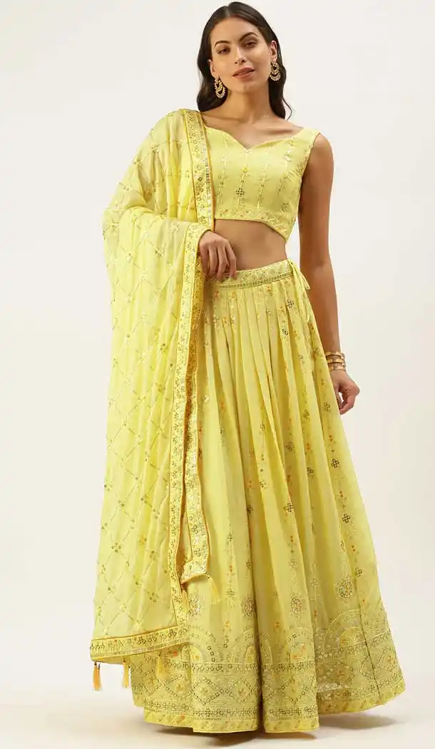 Lemon Yellow Color Pure Georgette Function Wear Plus Size Lehenga Choli -5619163402