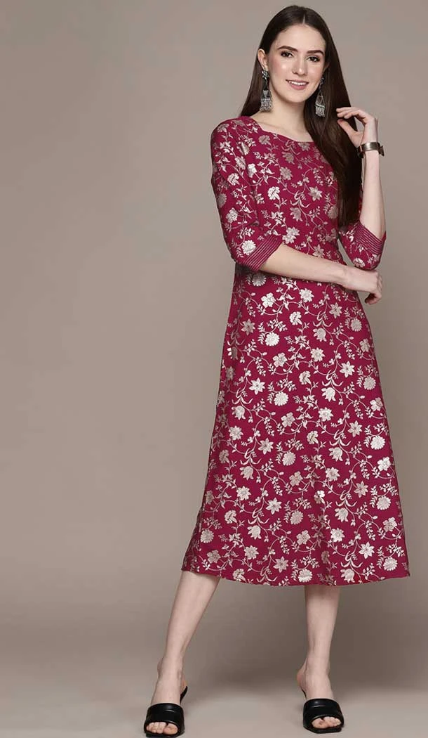 Magenta Color Crepe Foil Print Work Party Wear Readymade Fancy Kurti -5664163773