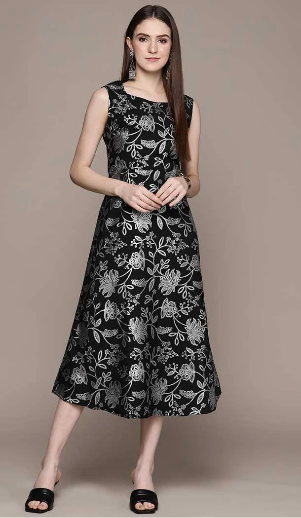Black Color Crepe Foil Print Work Party Wear Readymade Fancy Kurti -5664163774