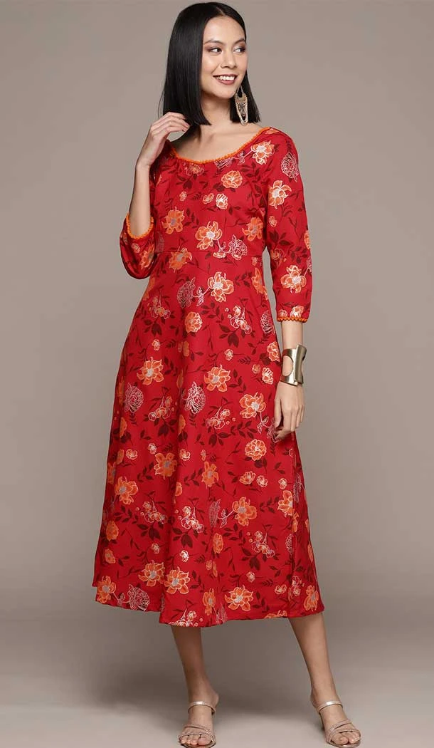 Red Color Rayon Foil Print Work Party Wear Readymade Fancy Kurti -5664163778