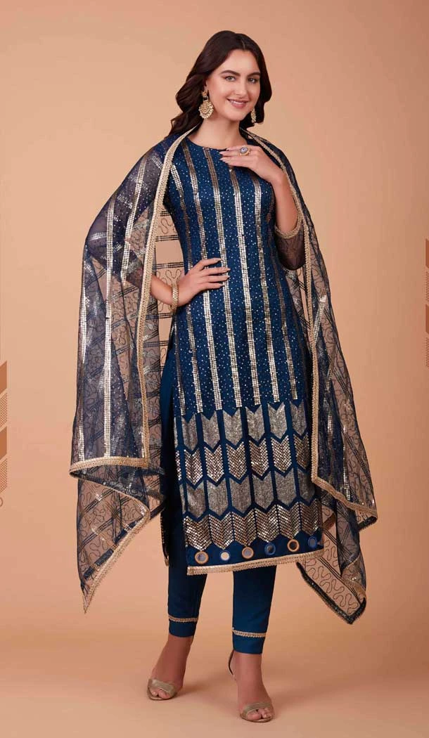 Teal Blue Color Butterfly Net Sequins Work Party Wear Salwar Kameez -5668163797
