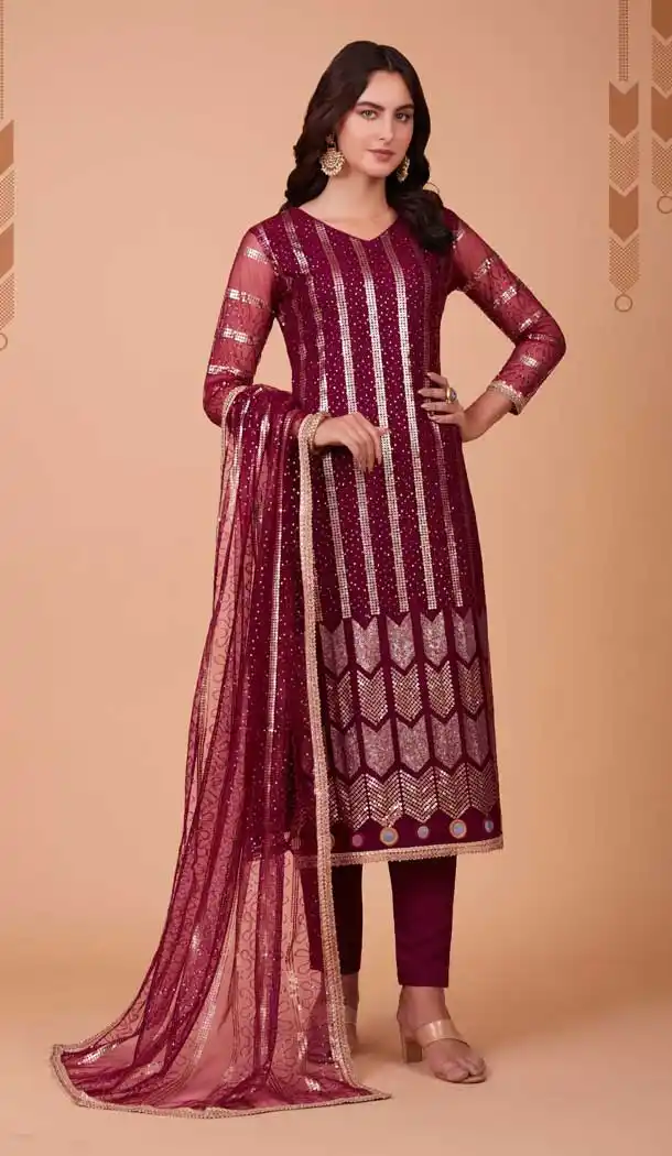 Wine Red Blue Color Butterfly Net Sequins Work Party Wear Salwar Kameez -5668163798