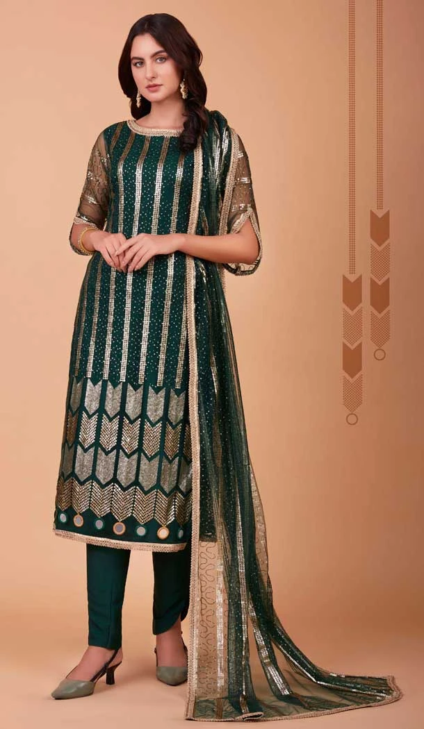 Bottle Green Color Butterfly Net Sequins Work Party Wear Salwar Kameez -5668163799