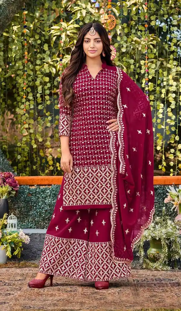Pakistani Style Burgundy Color Fox Georgette Mirror Work Party Wear Palazzo Suit -5681163883