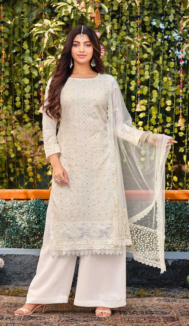 Pakistani Style White Color Fox Georgette Thread Work Party Wear Palazzo Suit -5681163884