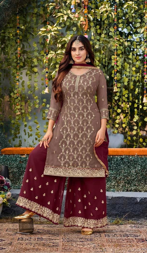 Pakistani Style Light Brown Color Fox Georgette Resham Work Palazzo Suit -5681163885