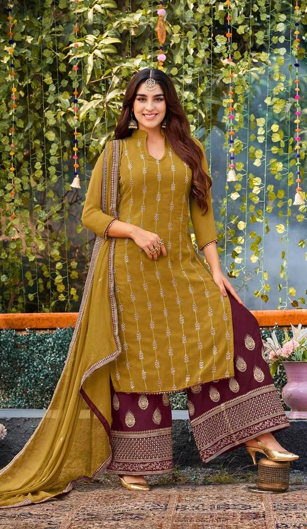 Pakistani Style Mustard Color Fox Georgette Zari Work Party Wear Palazzo Suit -5681163886