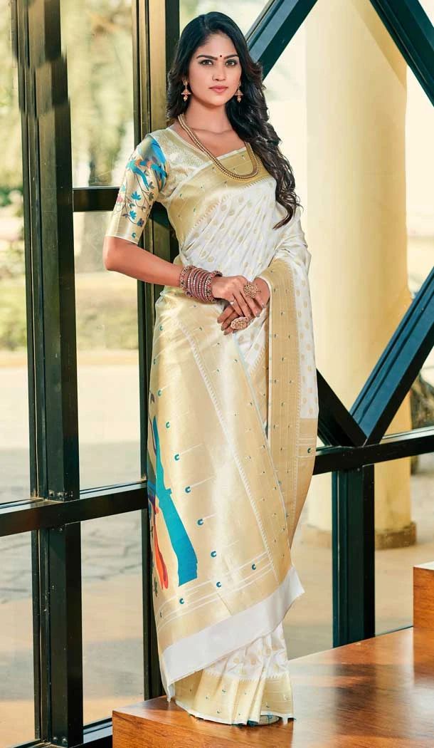 Off White Color Pure Paithani Silk Jacquard Work Traditional Party Wear Saree -5630163469