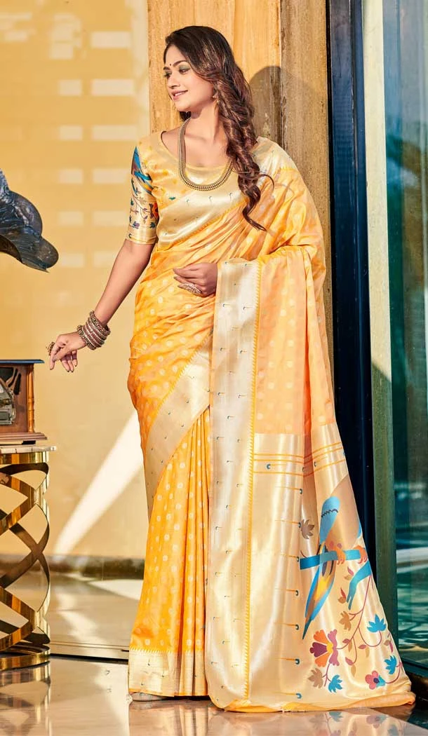 Yellow Color Pure Paithani Silk Jacquard Work Traditional Party Wear Saree -5630163473