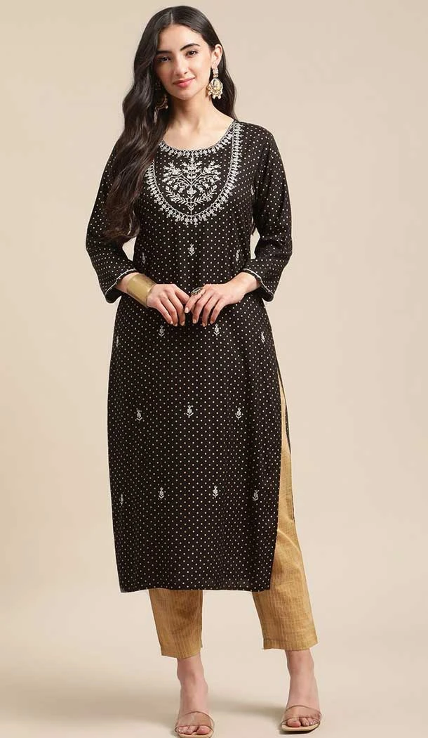 Black Color Poly Cotton Resham Work Readymade Party Wear Kurti -5641163567