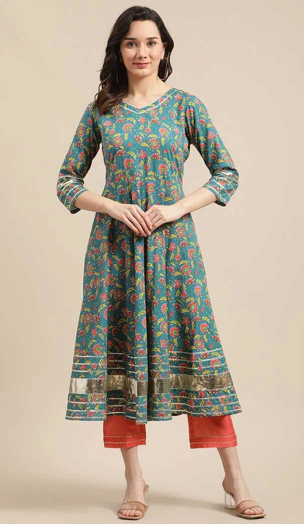 Blue Color Poly Cotton Floral Print Work Readymade Party Wear Kurti -5641163568