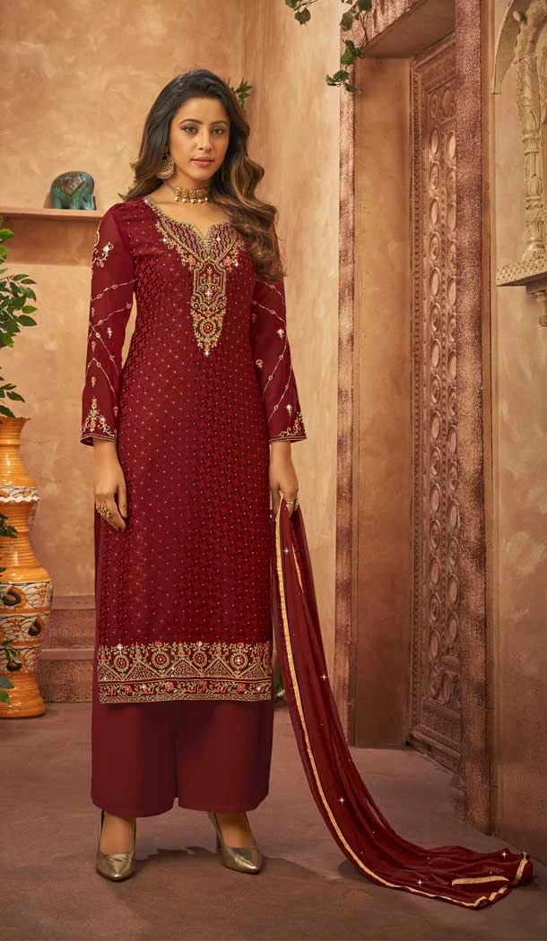 Maroon Color Heavy Brasso Embroidery Work Party Wear Palazzo Salwar Kameez -5648163629